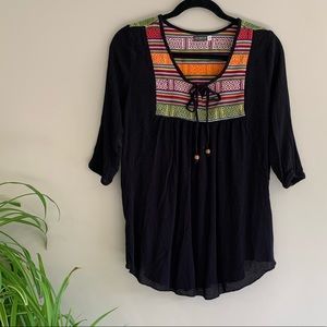 Bohemian Black Gauze Tribal Blouse Rainbow Top S